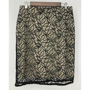 ANN TAYLOR Womens Black Coated Lace Cutout Overlay Nude Pencil Skirt Size 6